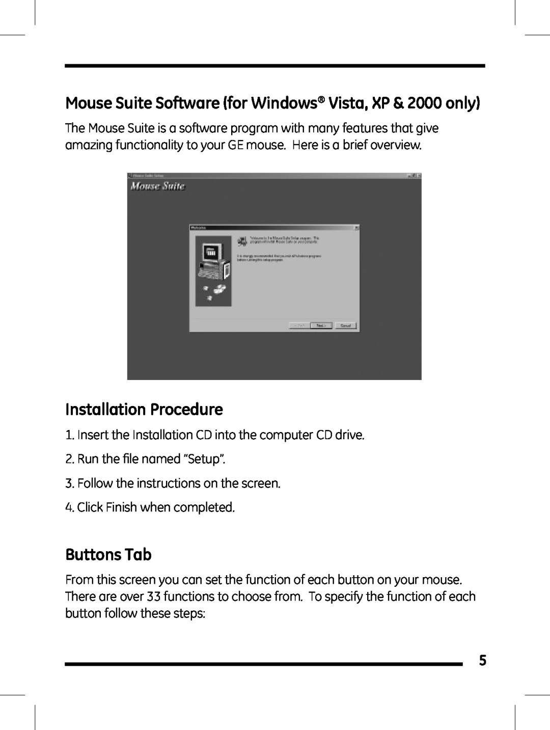 GE 98504 instruction manual Mouse Suite Software for Windows Vista, XP & 2000 only, Installation Procedure, Buttons Tab 