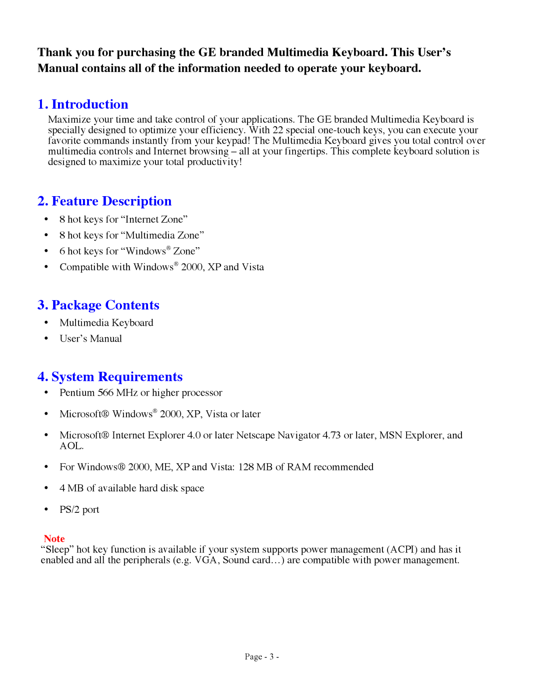 GE 98706, 98109, 98091 user manual Introduction, Feature Description, Package Contents, System Requirements 