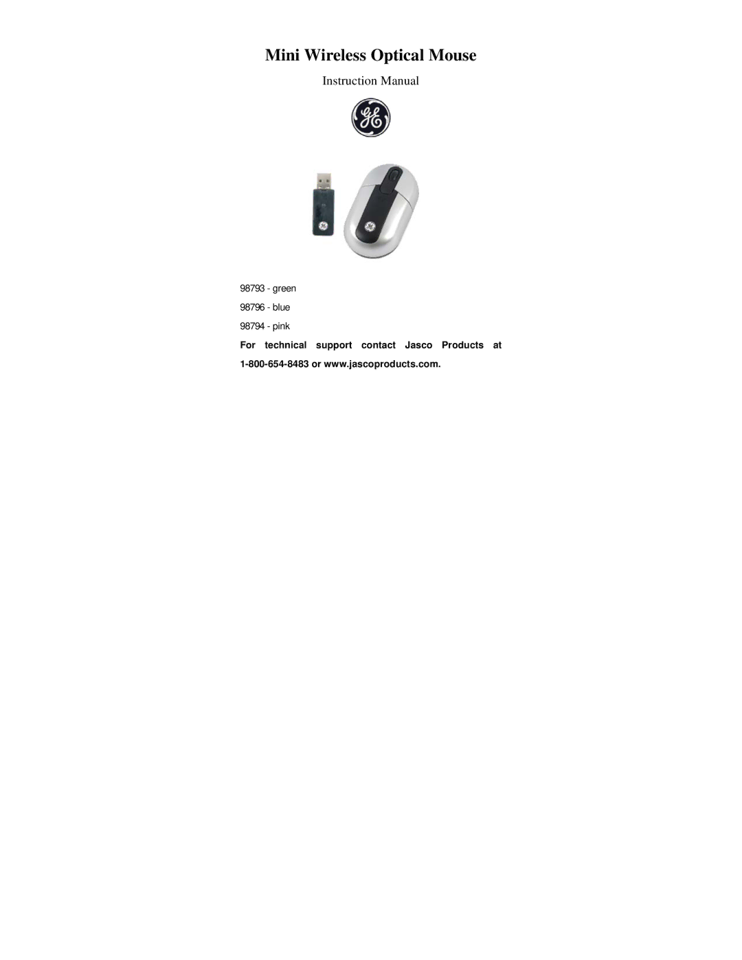 GE 98793, 98794, 98796 instruction manual Mini Wireless Optical Mouse 