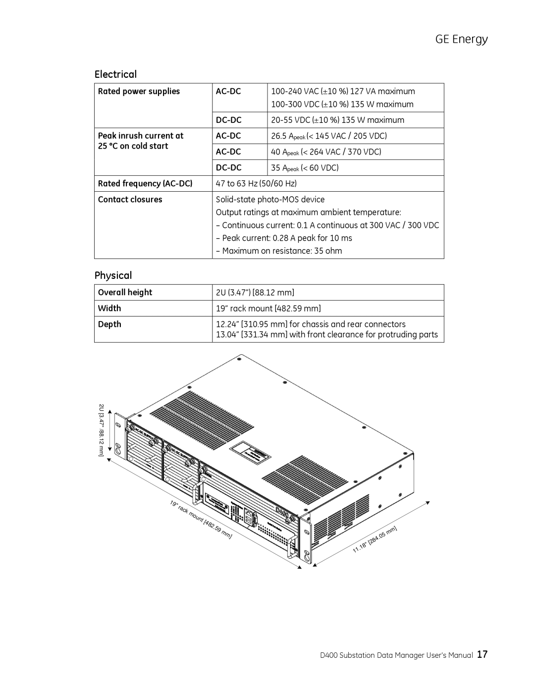 GE 994-0089 user manual Electrical, Physical 