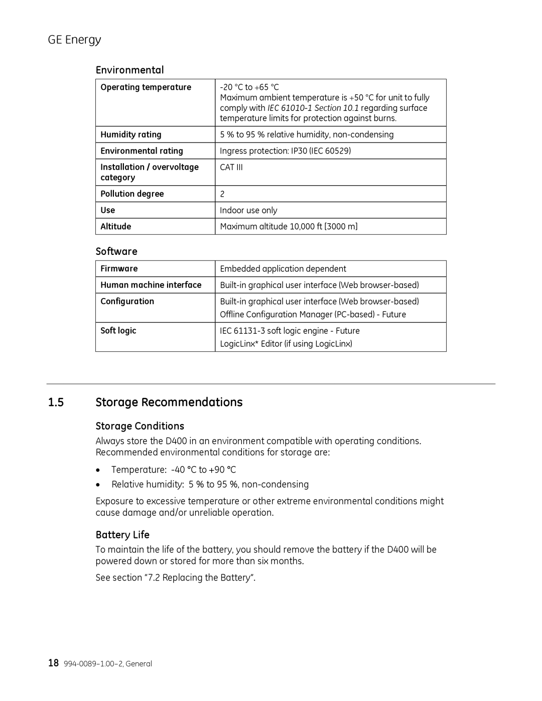 GE 994-0089 user manual Storage Recommendations, Environmental, Software, Storage Conditions, Battery Life 