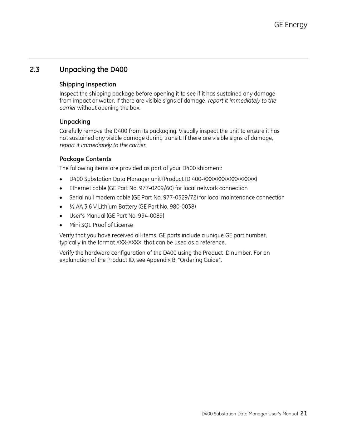 GE 994-0089 user manual Unpacking the D400, Shipping Inspection, Package Contents 