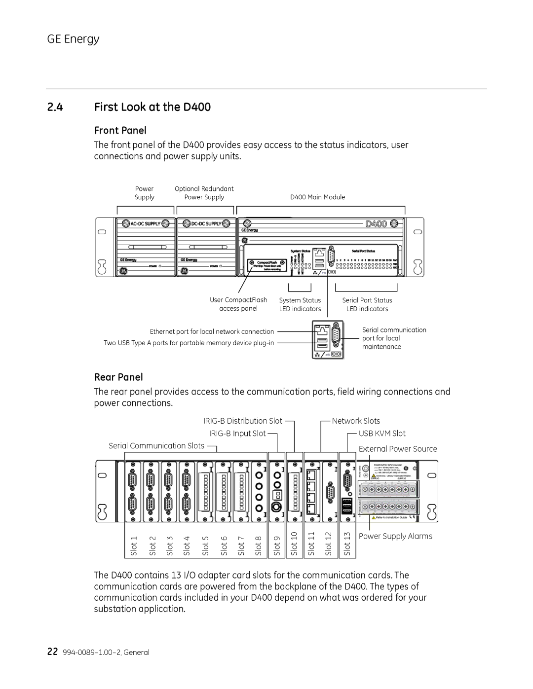 GE 994-0089 user manual First Look at the D400, Front Panel, Rear Panel 