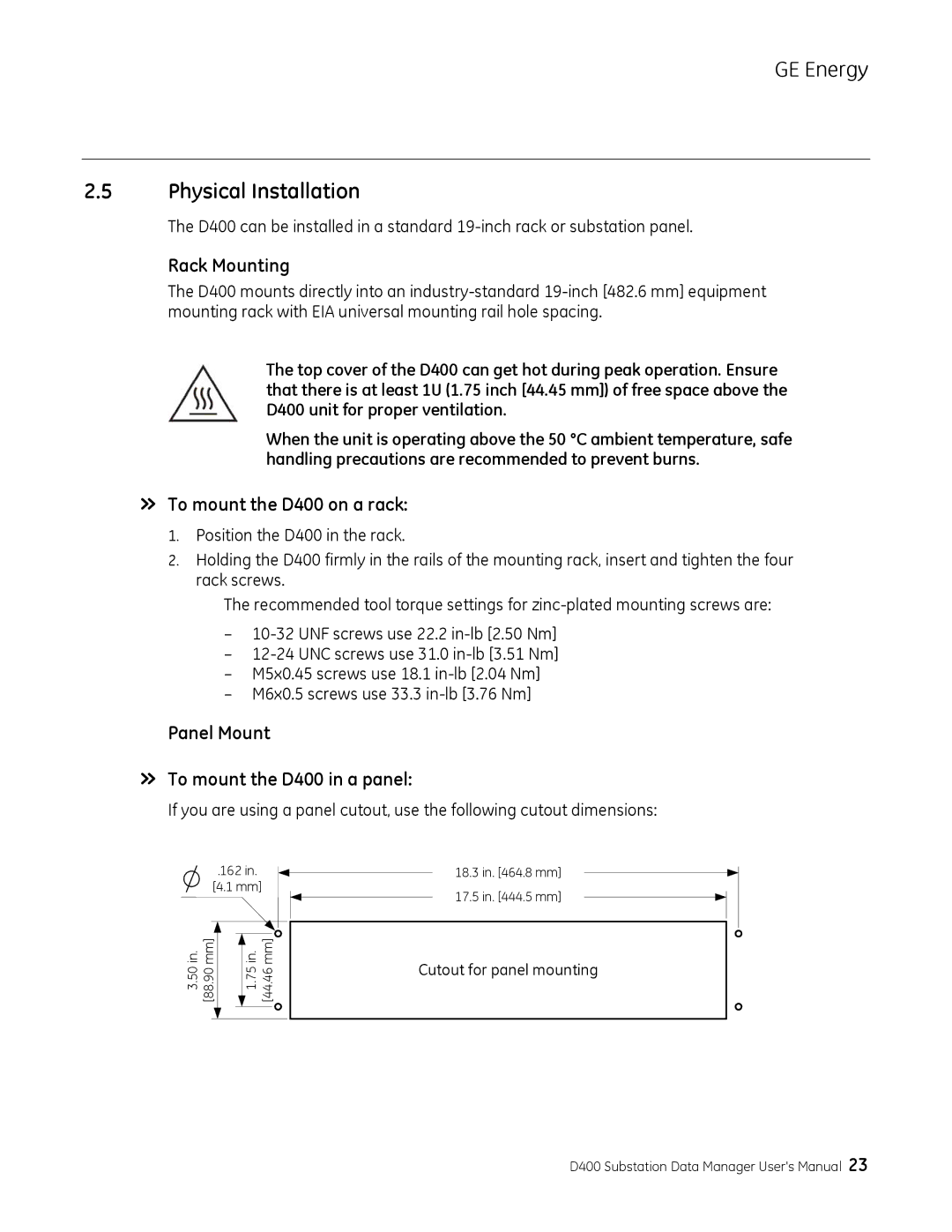 GE 994-0089 user manual Physical Installation, Rack Mounting, » To mount the D400 on a rack 