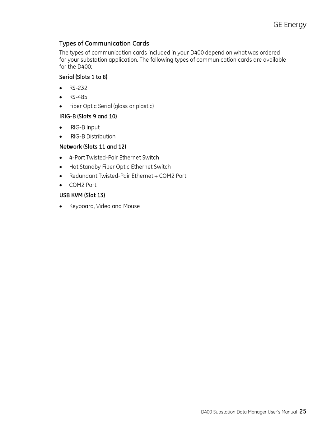 GE 994-0089 user manual Types of Communication Cards, Network Slots 11 