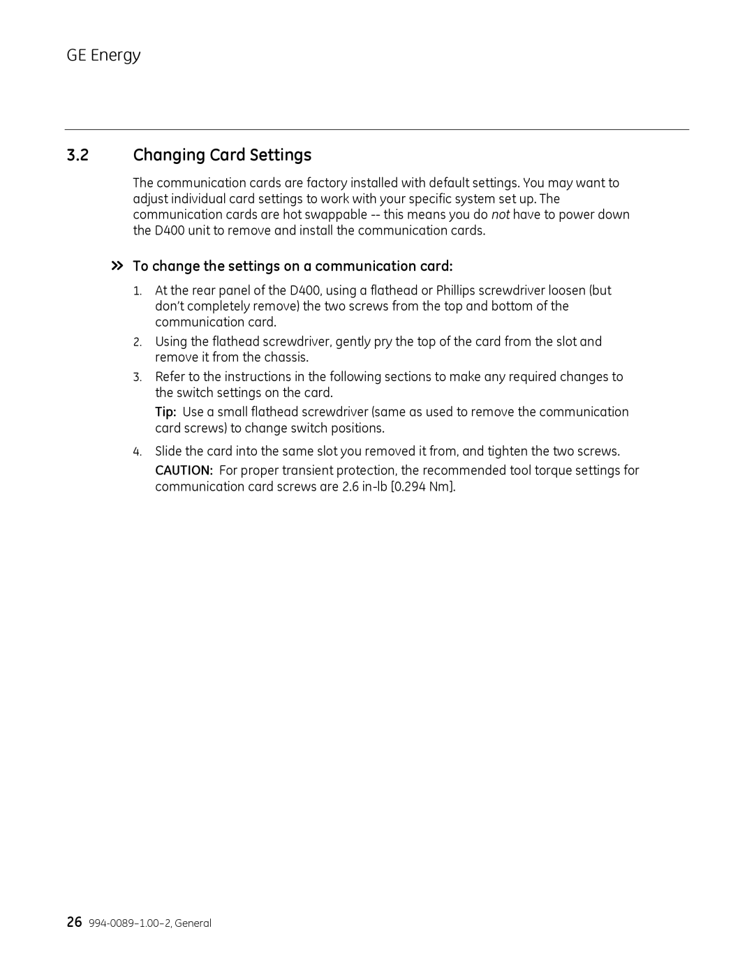 GE 994-0089 user manual Changing Card Settings, » To change the settings on a communication card 