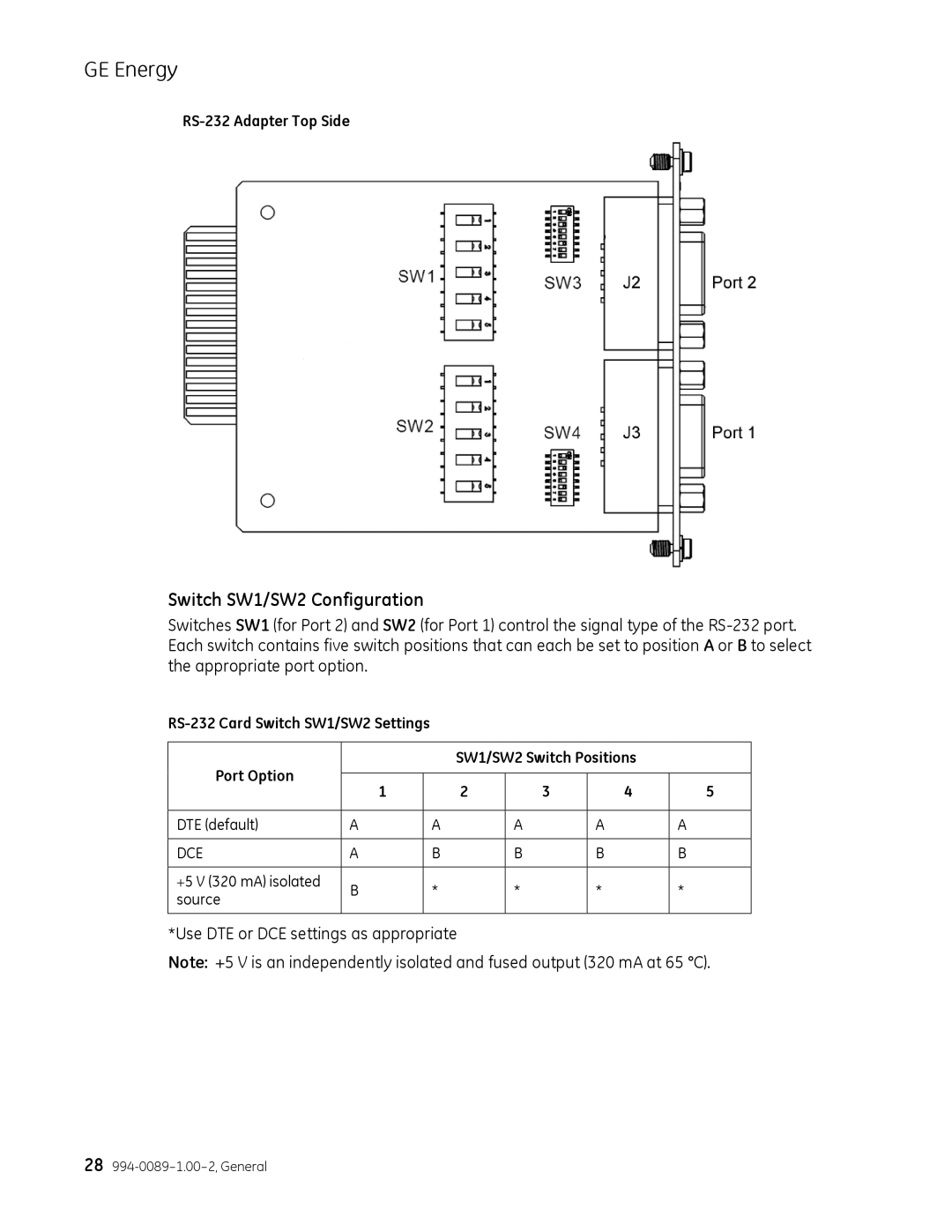 GE 994-0089 user manual Switch SW1/SW2 Configuration, RS-232 Adapter Top Side 