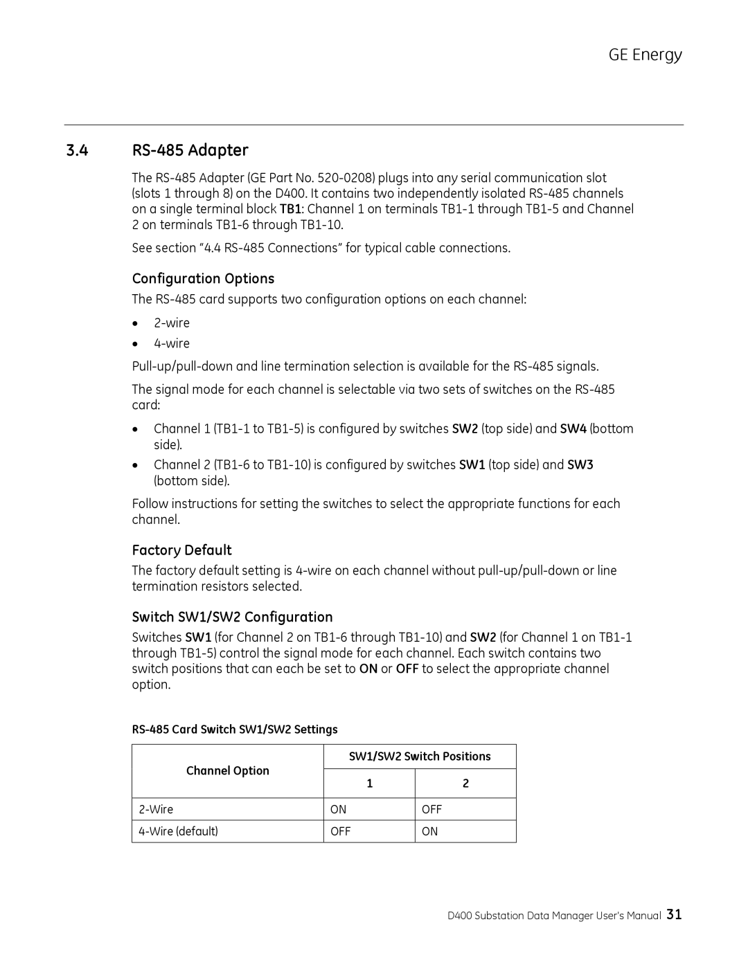 GE 994-0089 user manual RS-485 Adapter, Configuration Options 