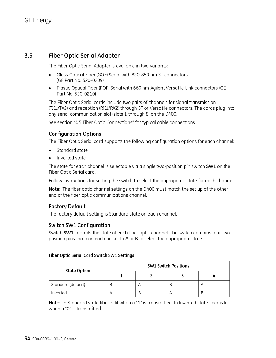 GE 994-0089 user manual Fiber Optic Serial Adapter, Switch SW1 Configuration 