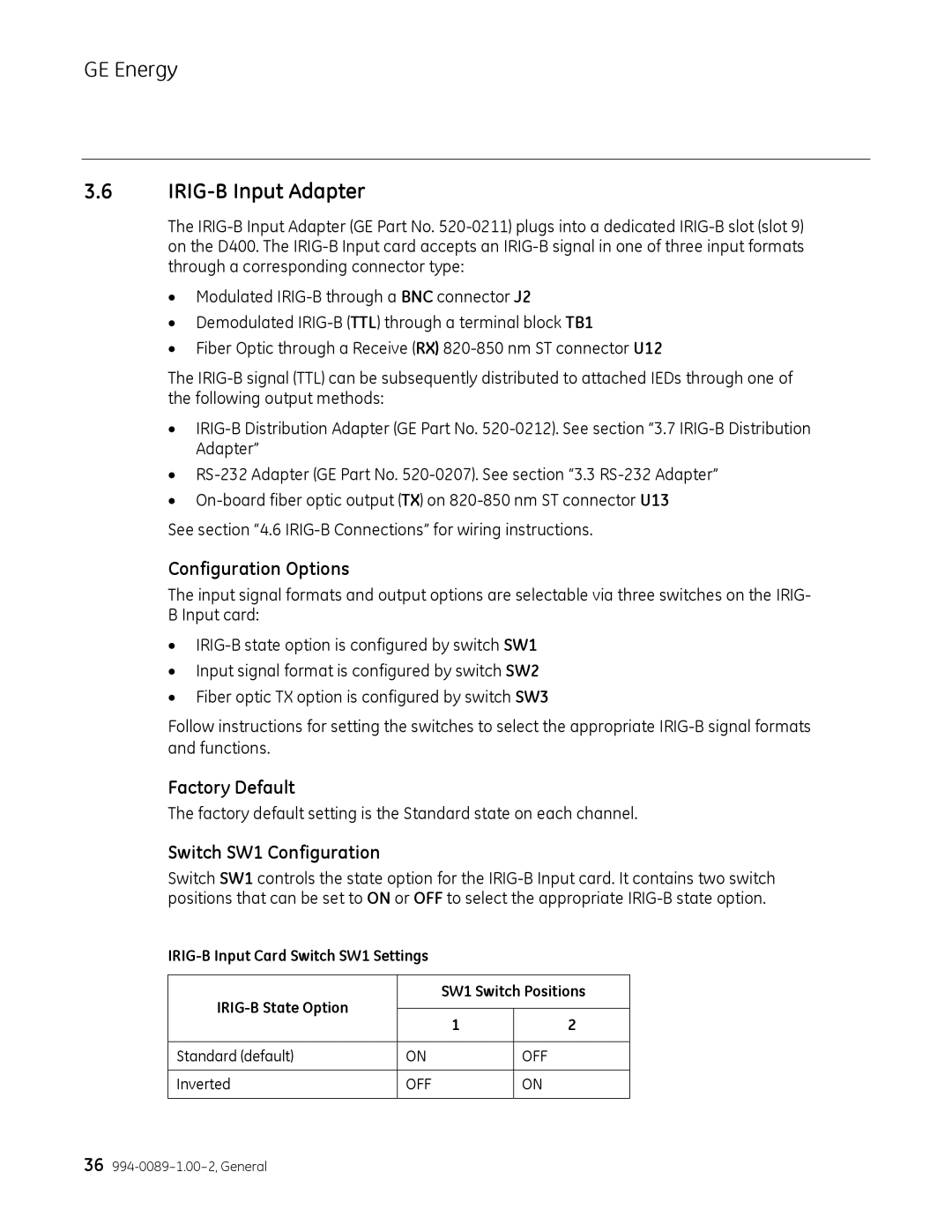 GE 994-0089 user manual IRIG-B Input Adapter 