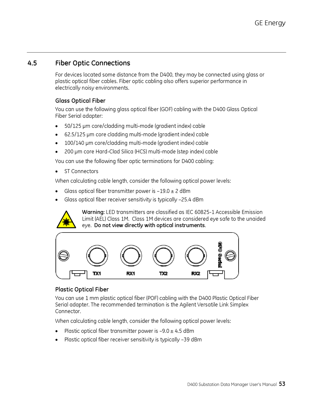 GE 994-0089 user manual Fiber Optic Connections, Glass Optical Fiber, Plastic Optical Fiber 