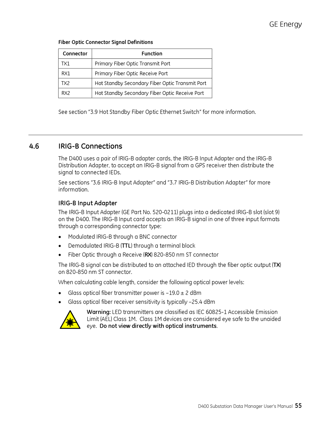 GE 994-0089 user manual IRIG-B Connections, IRIG-B Input Adapter, Fiber Optic Connector Signal Definitions Function 