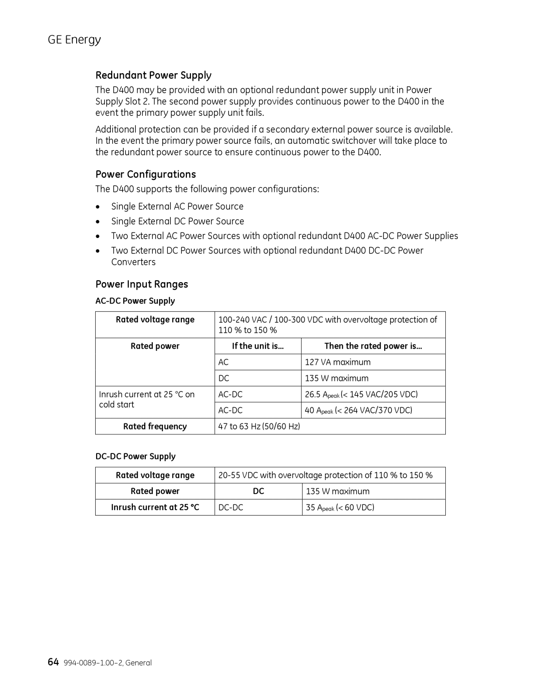 GE 994-0089 user manual Redundant Power Supply, Power Configurations, Power Input Ranges 