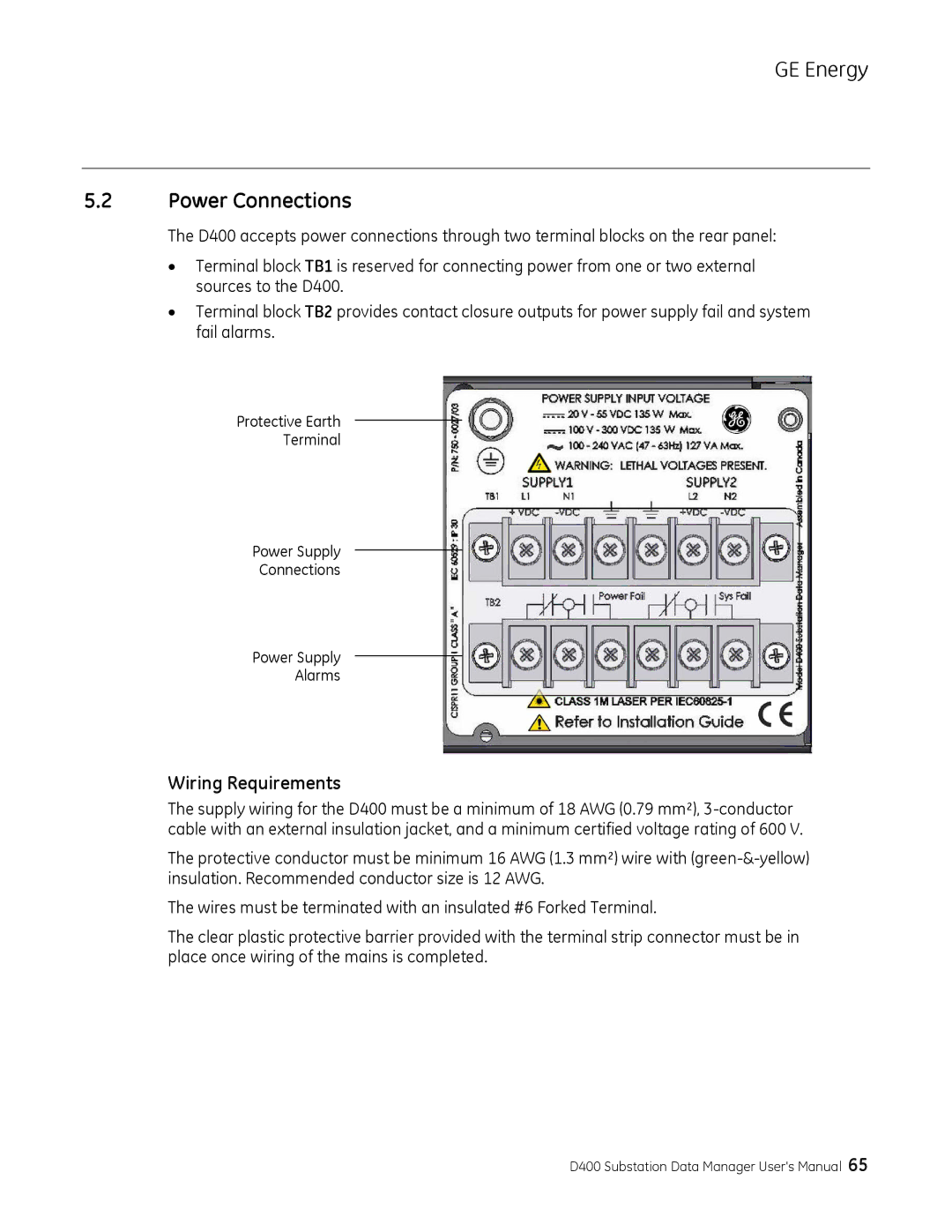 GE 994-0089 user manual Power Connections, Wiring Requirements 