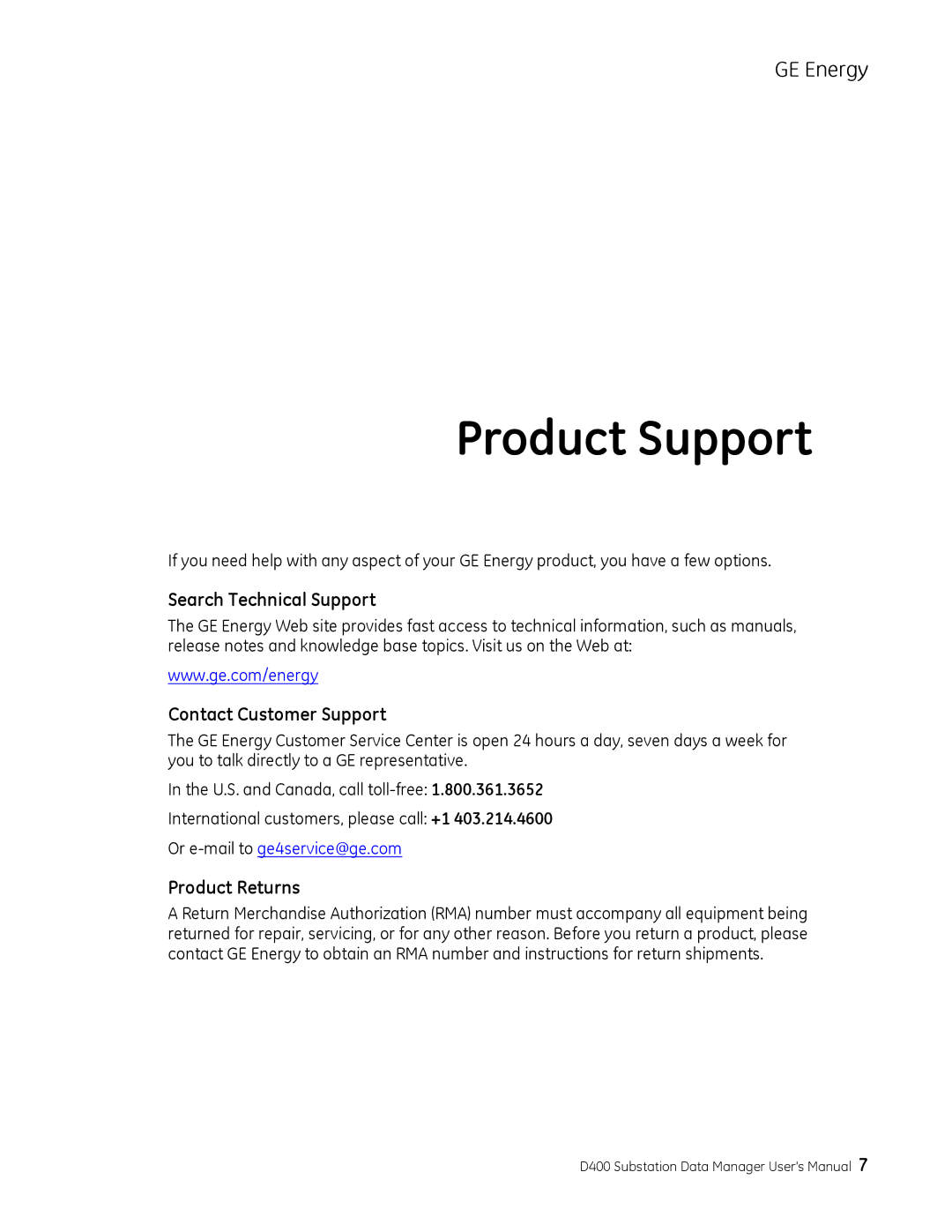 GE 994-0089 user manual Product Support, Search Technical Support, Contact Customer Support, Product Returns 