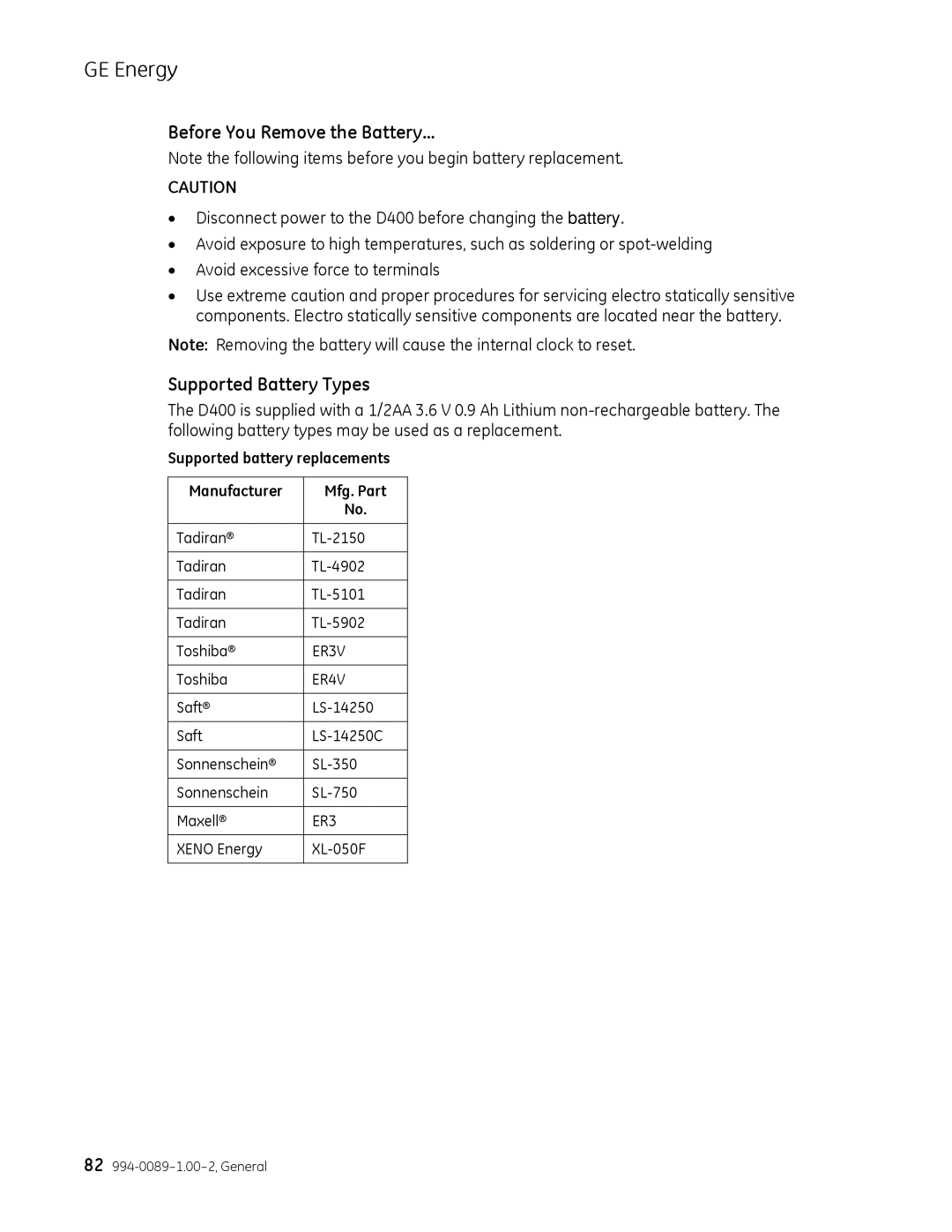 GE 994-0089 Before You Remove the Battery…, Supported Battery Types, Supported battery replacements Manufacturer Mfg. Part 