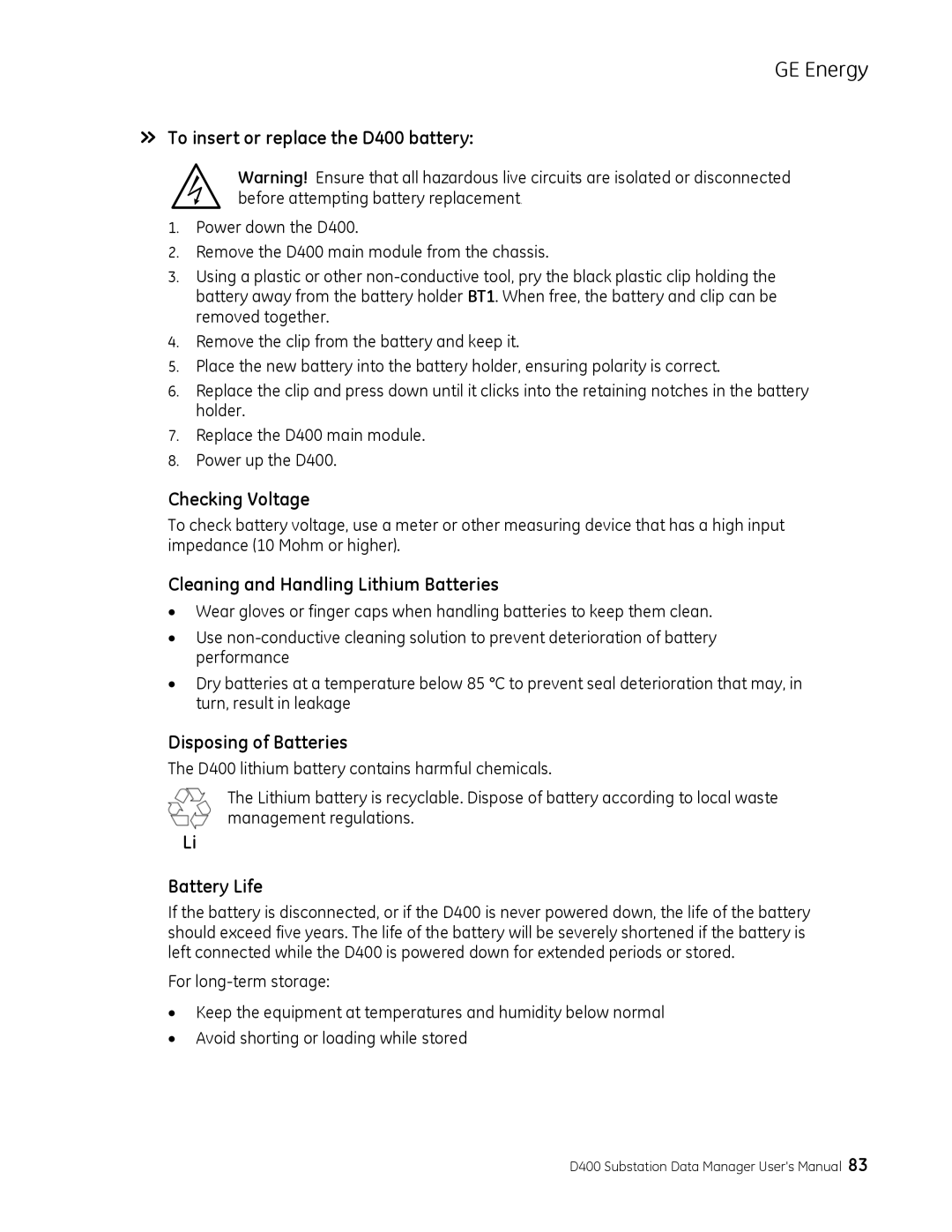 GE 994-0089 user manual » To insert or replace the D400 battery, Checking Voltage, Cleaning and Handling Lithium Batteries 