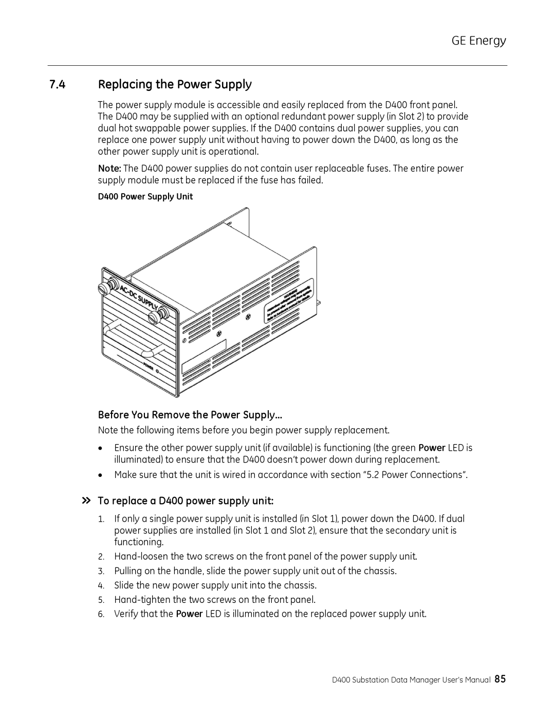 GE 994-0089 Replacing the Power Supply, Before You Remove the Power Supply…, » To replace a D400 power supply unit 