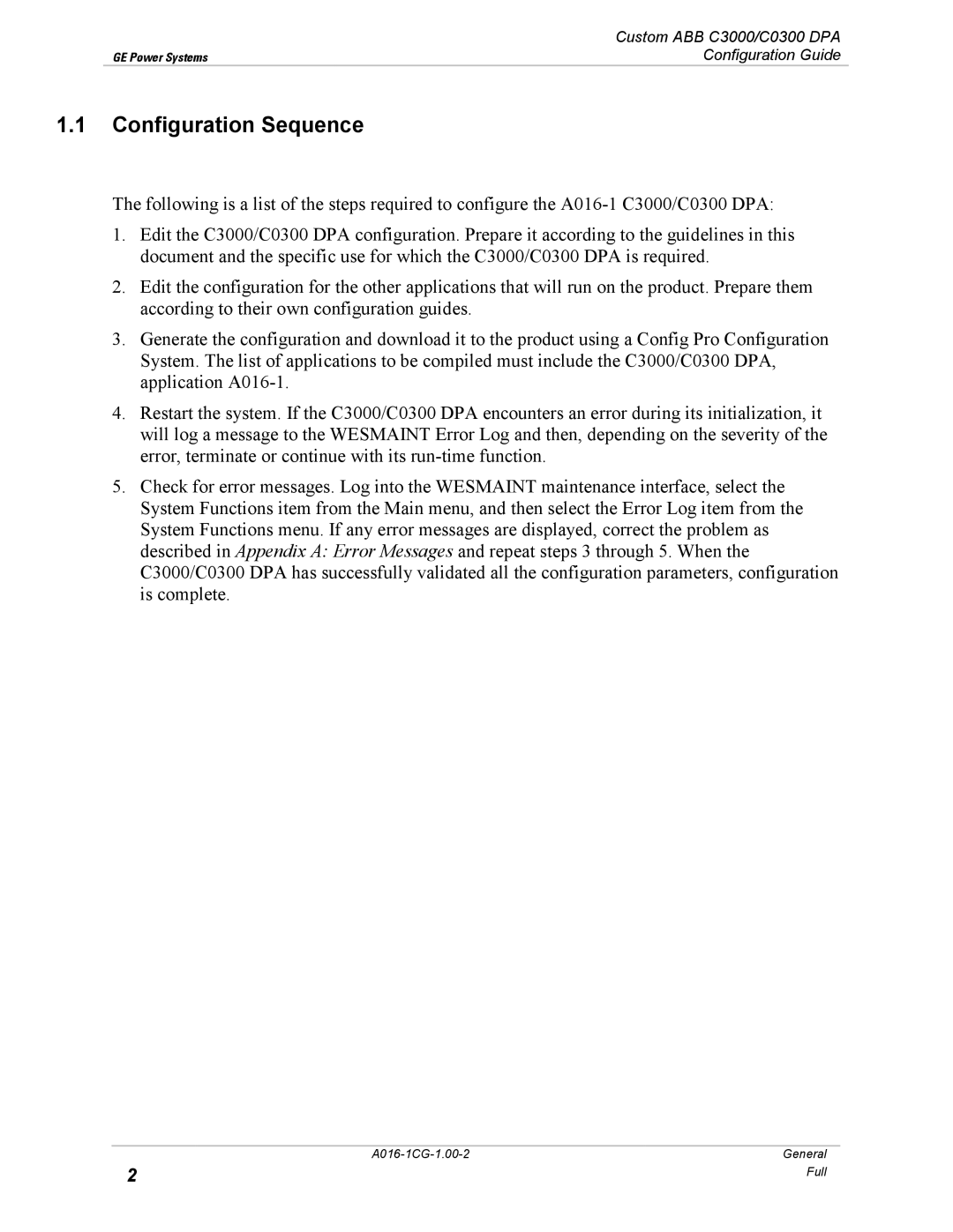 GE A016-1CG manual Configuration Sequence 