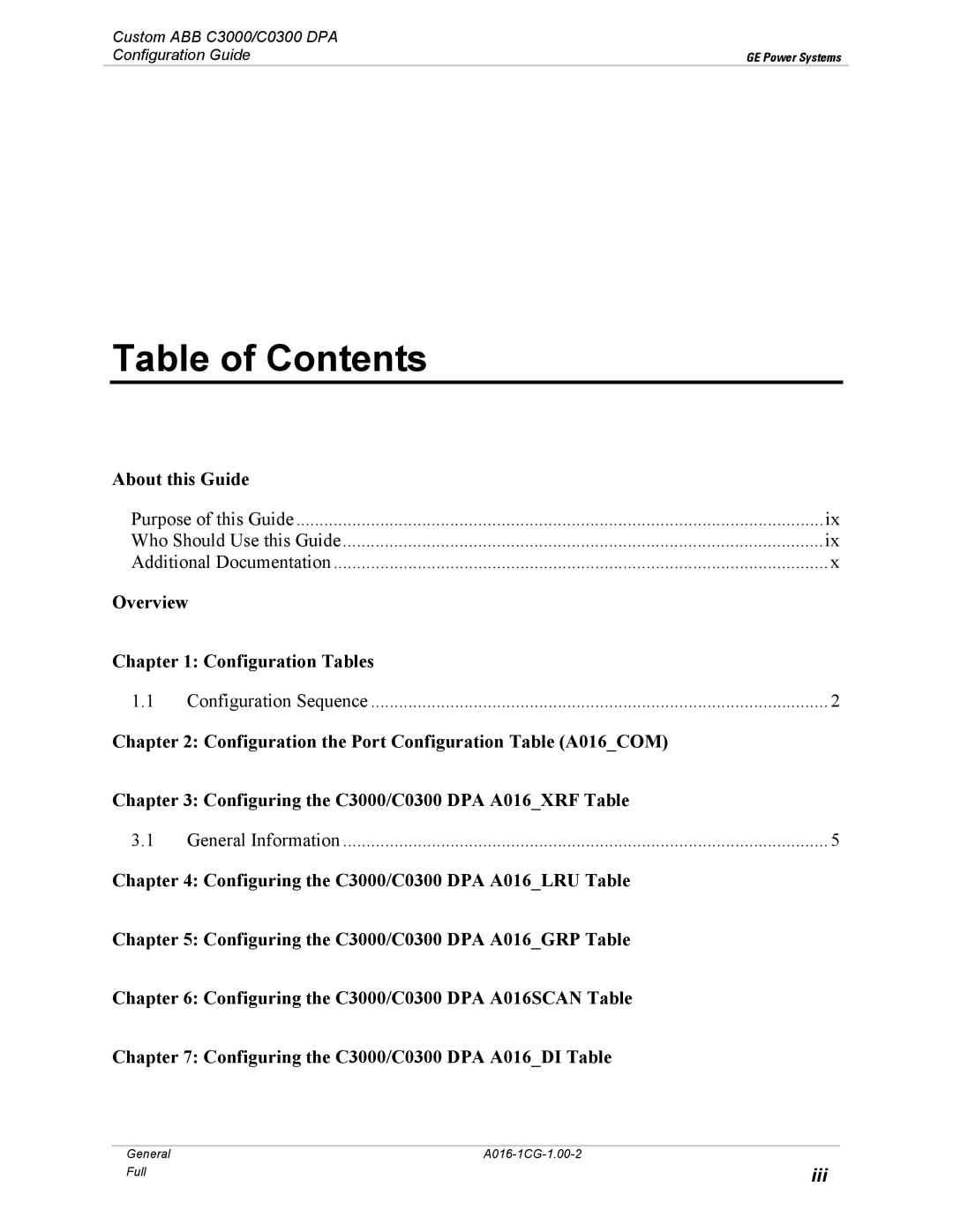 GE A016-1CG manual Table of Contents 