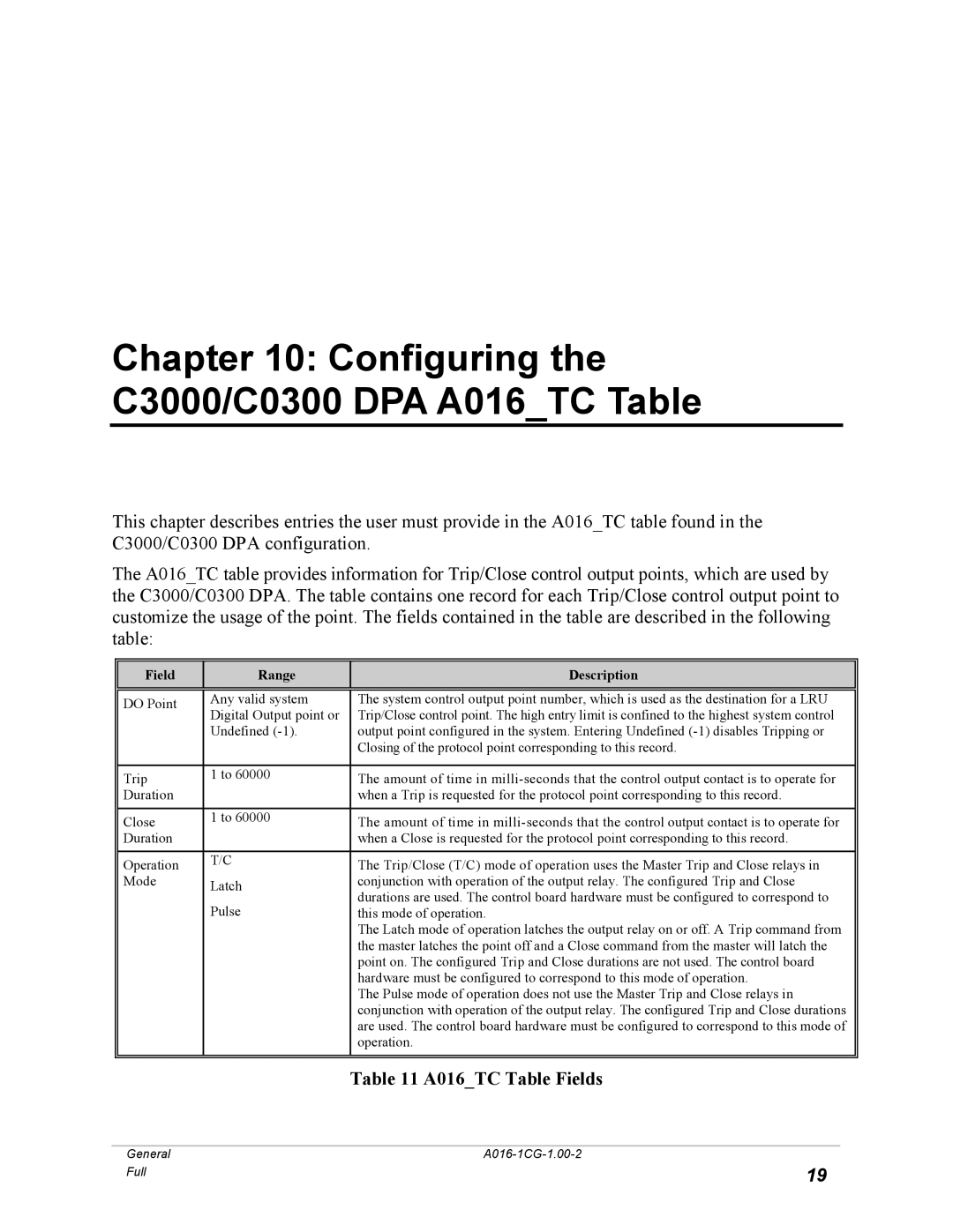 GE A016-1CG manual Configuring the C3000/C0300 DPA A016TC Table, A016TC Table Fields 