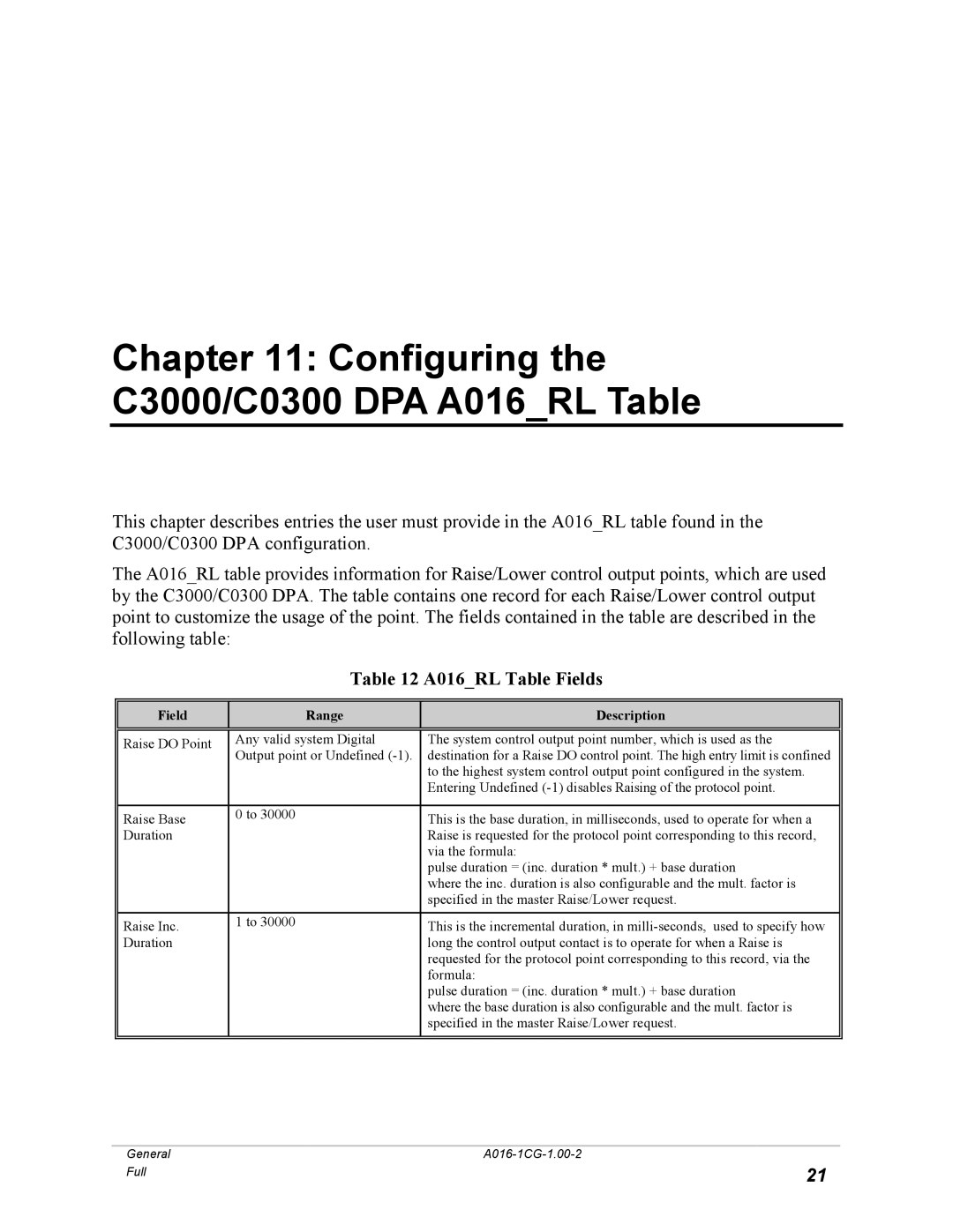 GE A016-1CG manual Configuring the C3000/C0300 DPA A016RL Table, A016RL Table Fields 