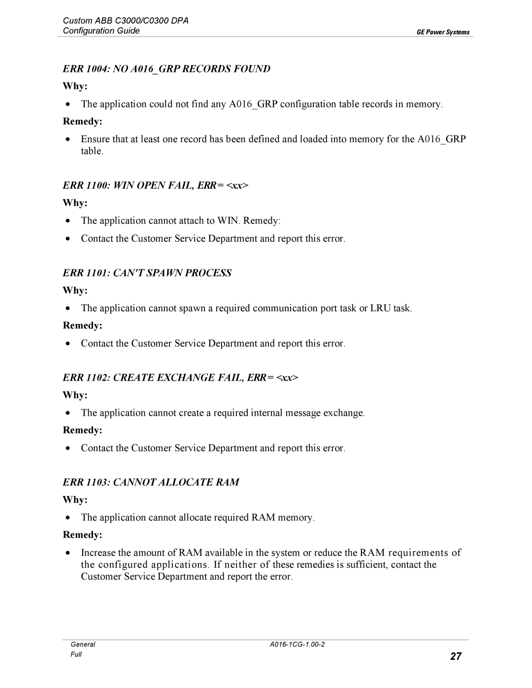 GE A016-1CG manual ERR 1100 WIN Open FAIL, ERR=, ERR 1102 Create Exchange FAIL, ERR= 