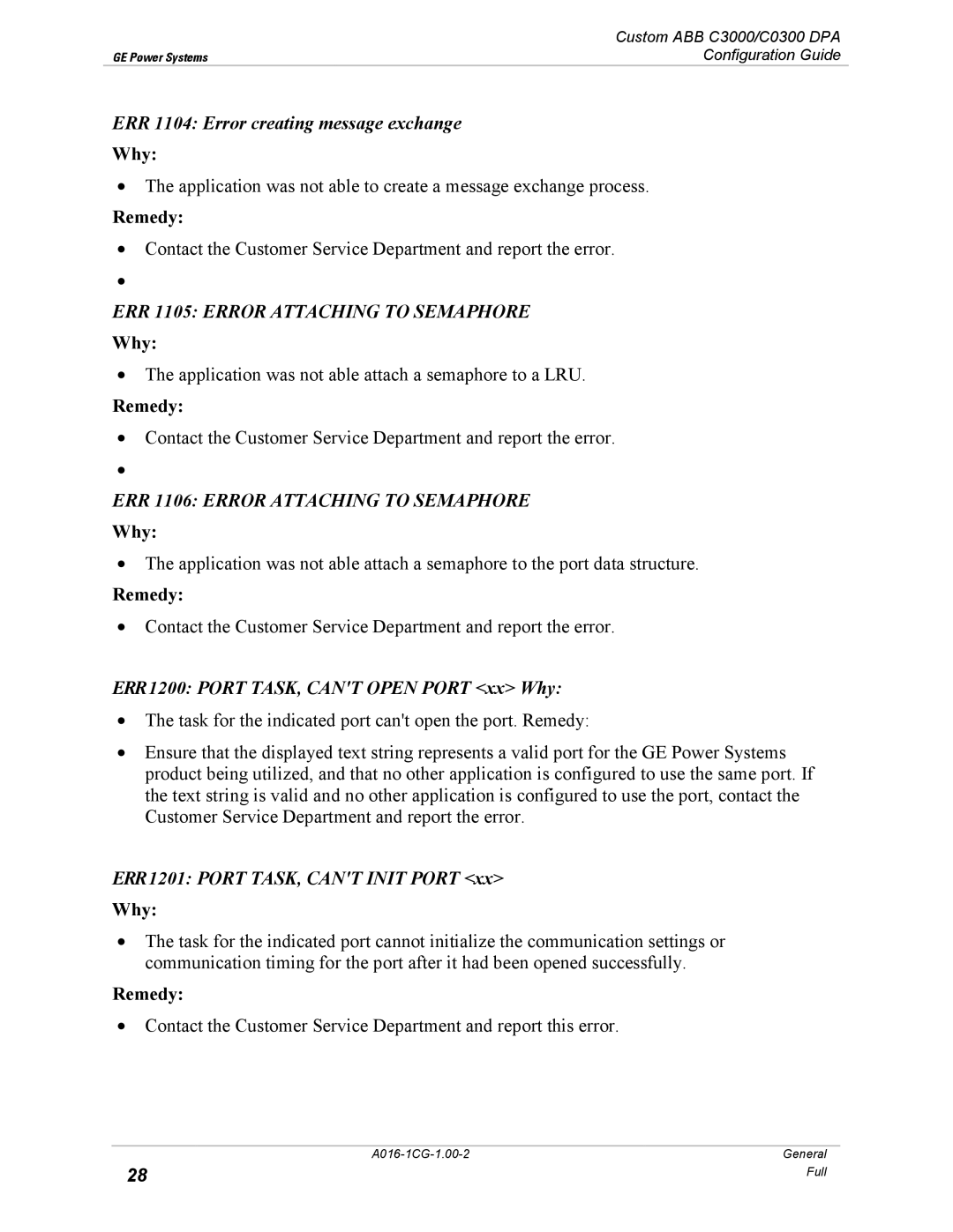 GE A016-1CG manual ERR 1104 Error creating message exchange, ERR 1106 Error Attaching to Semaphore Why 