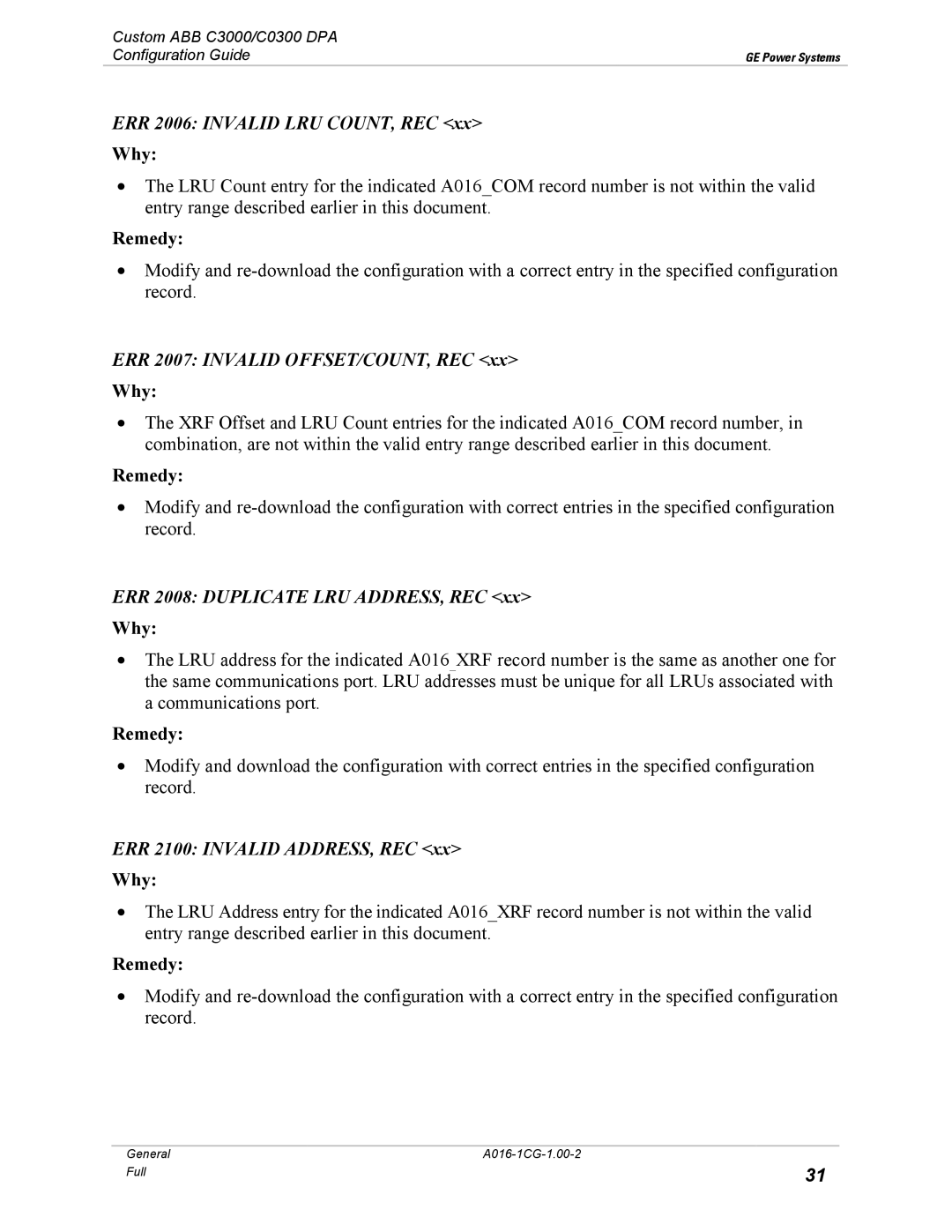 GE A016-1CG manual ERR 2006 Invalid LRU COUNT, REC, ERR 2007 Invalid OFFSET/COUNT, REC, ERR 2008 Duplicate LRU ADDRESS, REC 