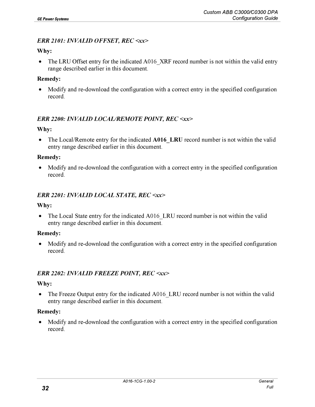 GE A016-1CG ERR 2101 Invalid OFFSET, REC, ERR 2200 Invalid LOCAL/REMOTE POINT, REC, ERR 2201 Invalid Local STATE, REC 