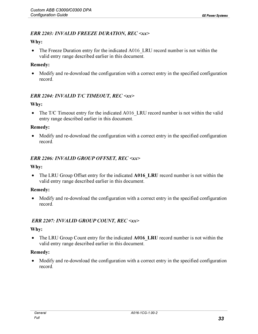GE A016-1CG ERR 2203 Invalid Freeze DURATION, REC, ERR 2204 Invalid T/C TIMEOUT, REC, ERR 2206 Invalid Group OFFSET, REC 