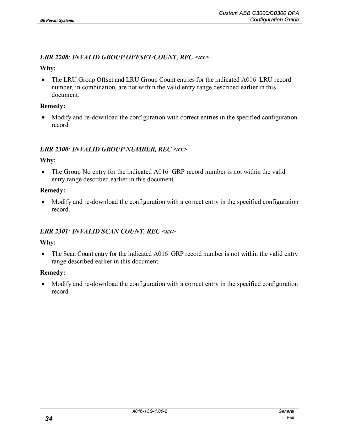 GE A016-1CG ERR 2208 Invalid Group OFFSET/COUNT, REC, ERR 2300 Invalid Group NUMBER, REC, ERR 2301 Invalid Scan COUNT, REC 