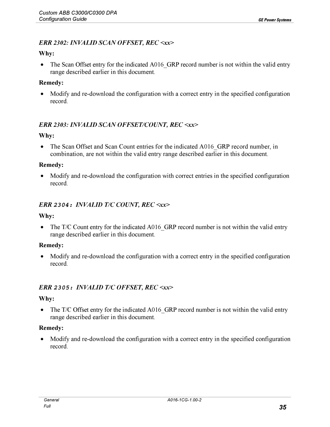 GE A016-1CG ERR 2302 Invalid Scan OFFSET, REC, ERR 2303 Invalid Scan OFFSET/COUNT, REC, ERR 2304 Invalid T/C COUNT, REC 