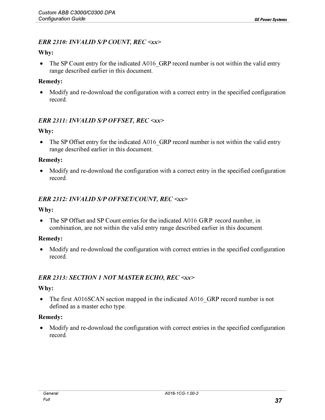 GE A016-1CG ERR 2310 Invalid S/P COUNT, REC, ERR 2311 Invalid S/P OFFSET, REC, ERR 2312 Invalid S/P OFFSET/COUNT, REC 