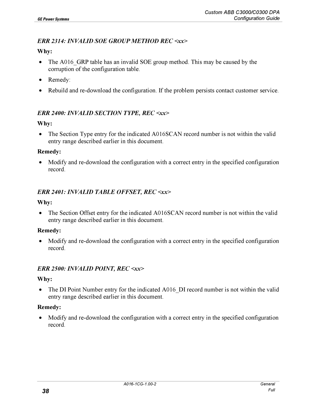 GE A016-1CG ERR 2314 Invalid SOE Group Method REC, ERR 2400 Invalid Section TYPE, REC, ERR 2401 Invalid Table OFFSET, REC 