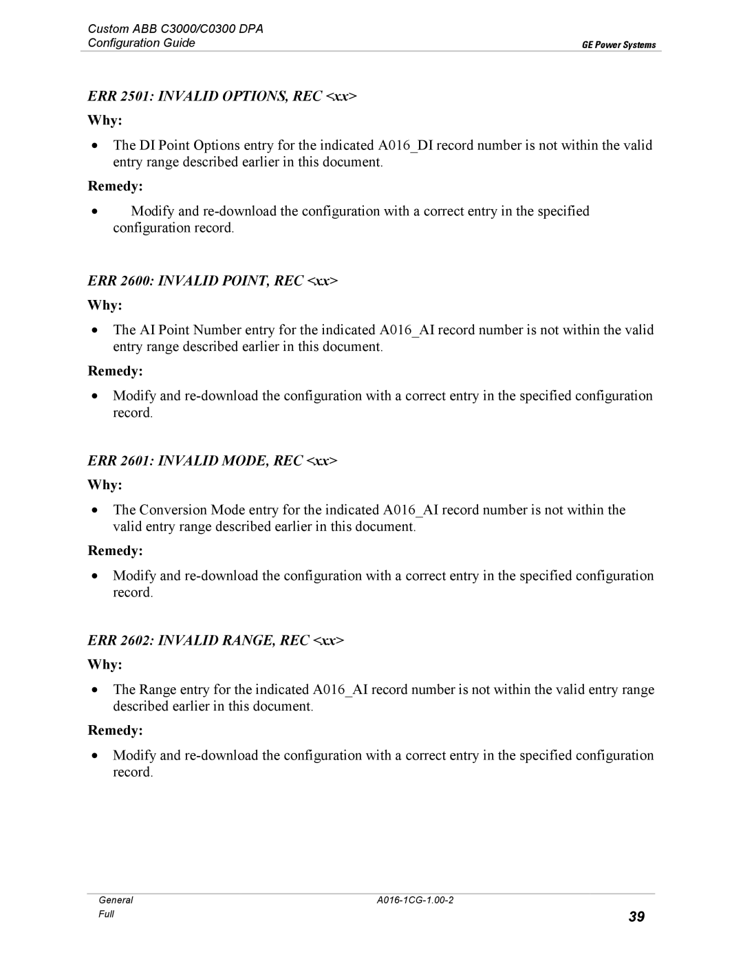 GE A016-1CG manual ERR 2501 Invalid OPTIONS, REC, ERR 2600 Invalid POINT, REC, ERR 2601 Invalid MODE, REC 