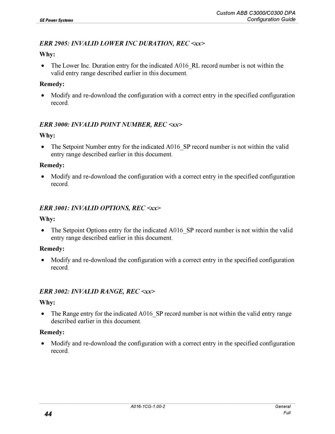 GE A016-1CG ERR 2905 Invalid Lower INC DURATION, REC, ERR 3000 Invalid Point NUMBER, REC, ERR 3001 Invalid OPTIONS, REC 