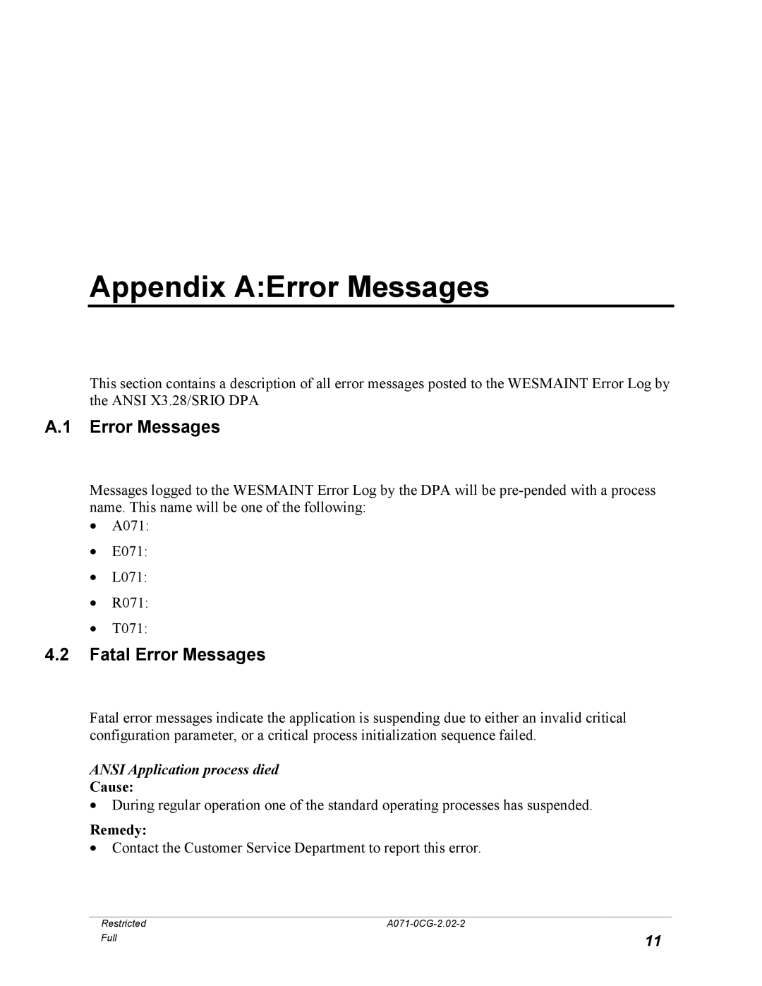 GE A071-0CG manual Appendix AError Messages, Fatal Error Messages, Ansi Application process died 