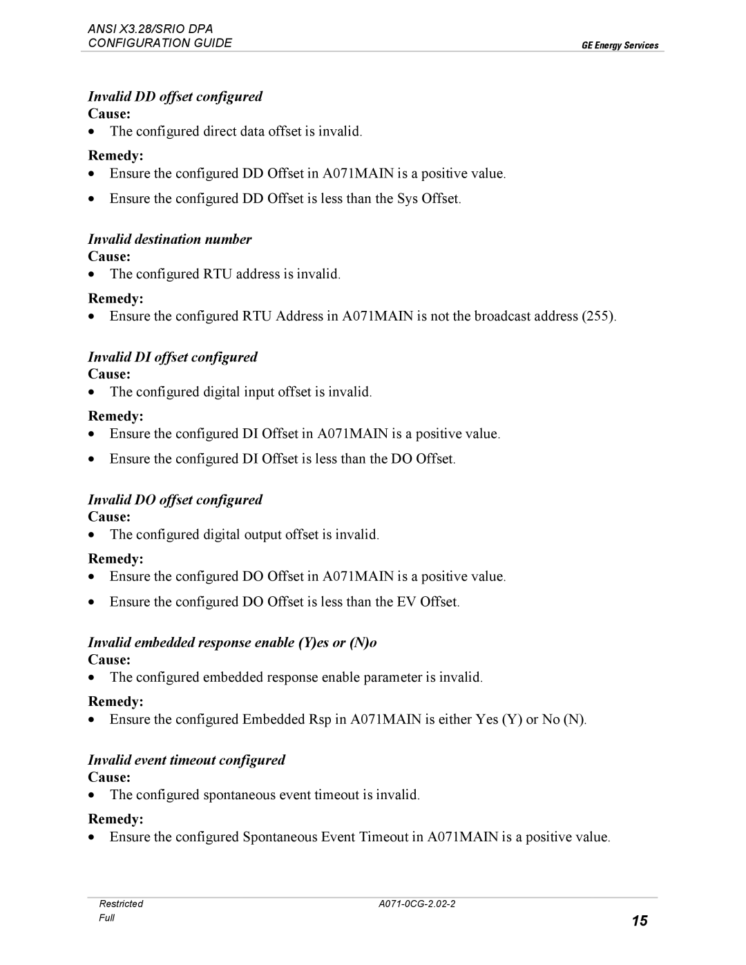 GE A071-0CG manual Invalid DD offset configured, Invalid destination number, Invalid DI offset configured 