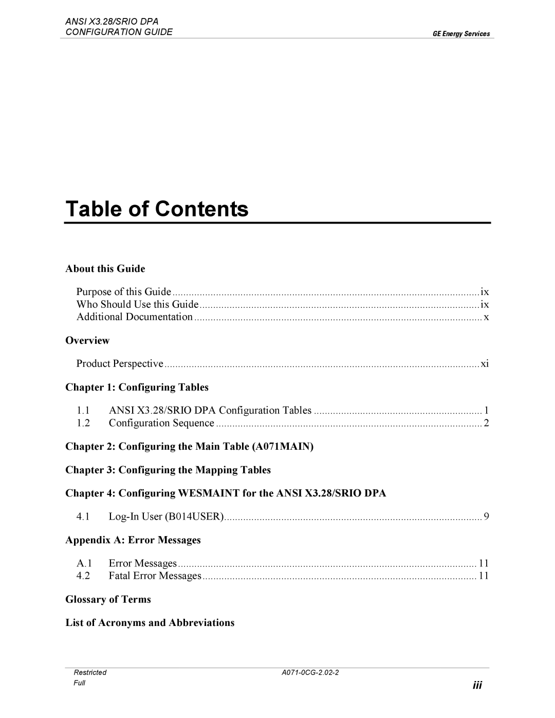 GE A071-0CG manual Table of Contents 