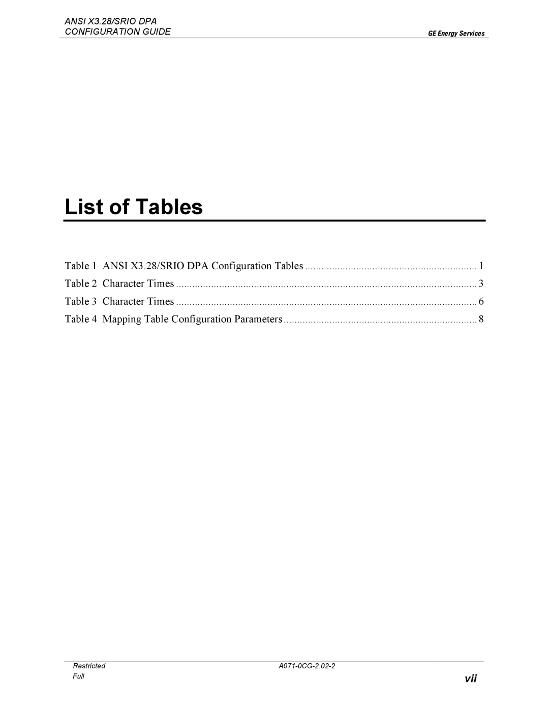 GE A071-0CG manual List of Tables 