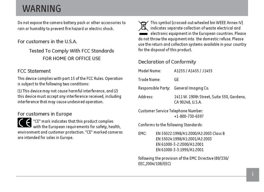 GE A1455-SL, A Series : A1255 user manual FCC Statement, For customers in Europe, Declaration of Conformity 