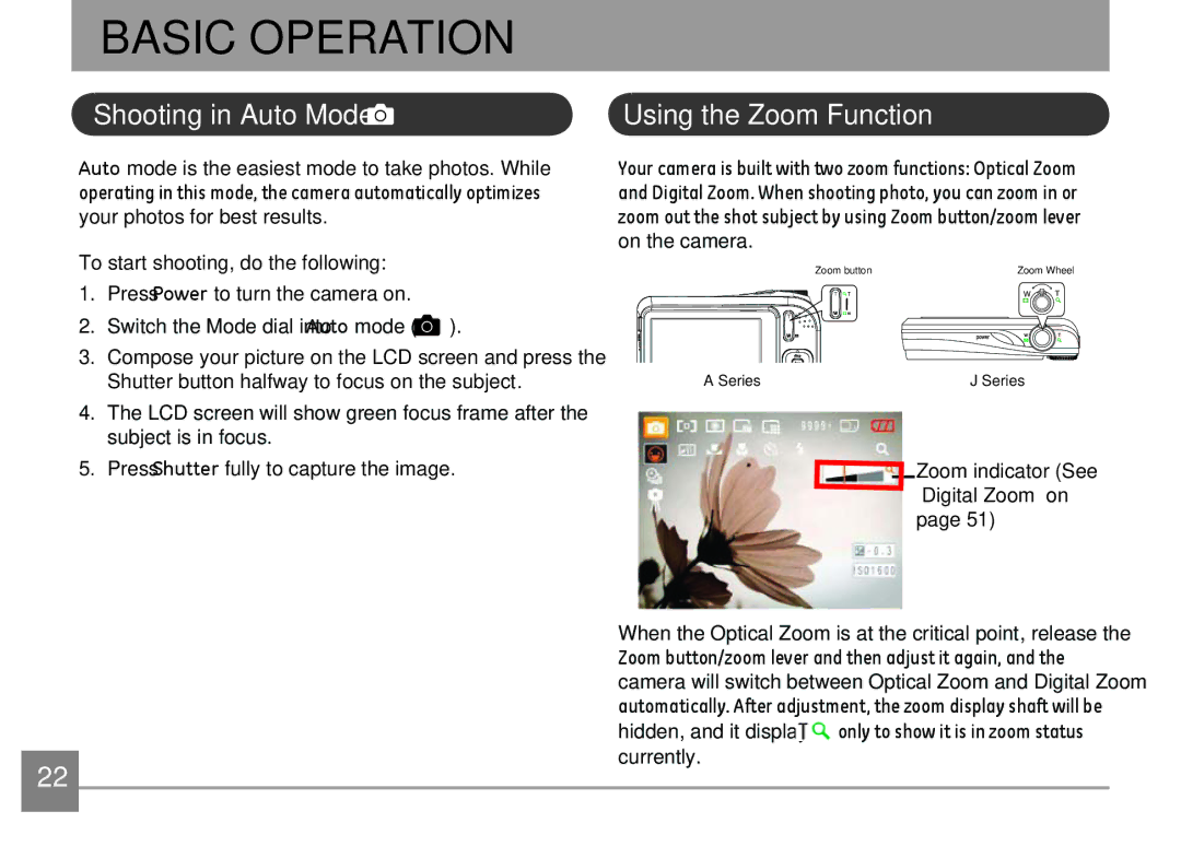 GE A Series : A1255, A1455-SL user manual Basic Operation, Shooting in Auto Mode, Using the Zoom Function 