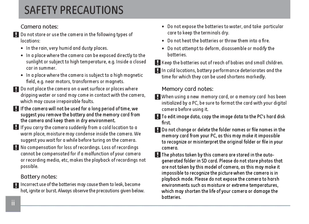 GE A Series : A1255, A1455-SL user manual Safety Precautions, Camera notes, Battery notes, Memory card notes 