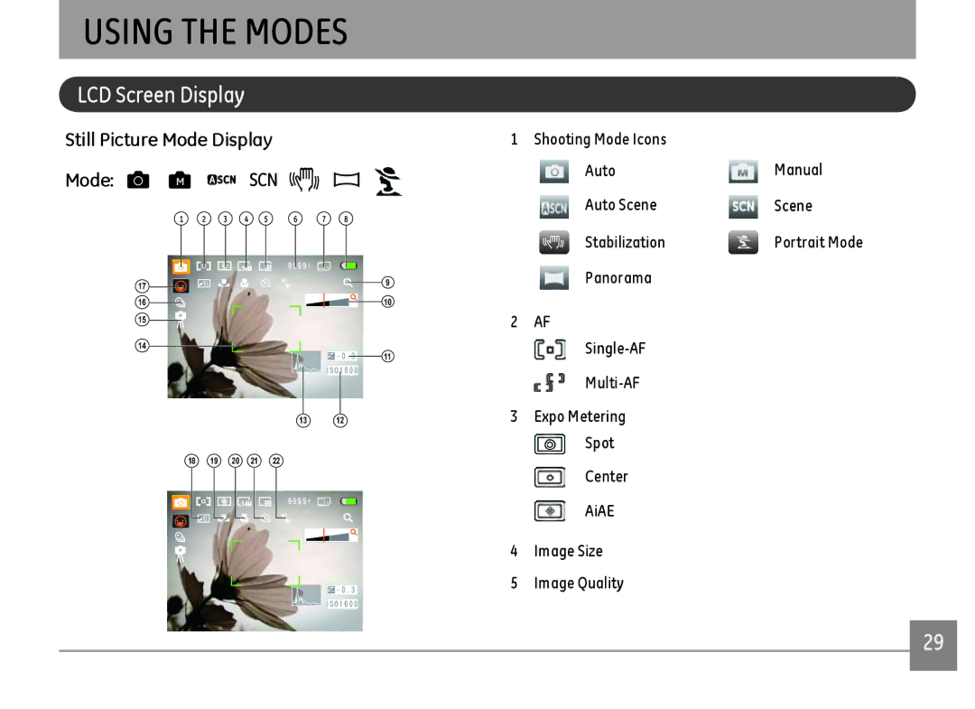 GE A1455-SL, A Series : A1255 user manual Using the Modes, LCD Screen Display, Still Picture Mode Display Mode M 