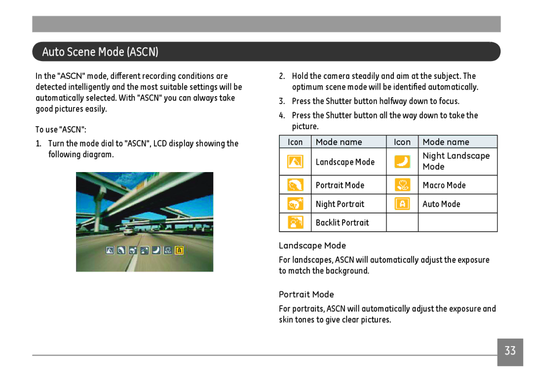 GE A1455-SL, A Series : A1255 user manual Auto Scene Mode Ascn, Mode name Icon, Landscape Mode, Portrait Mode 