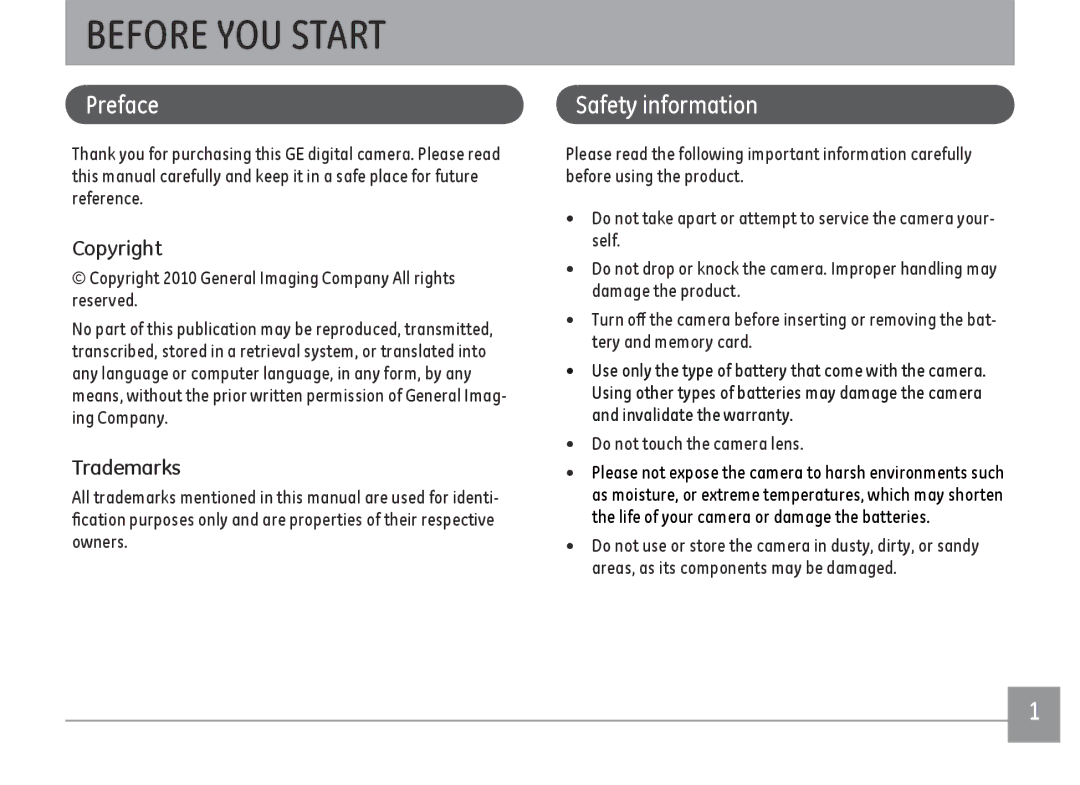 GE A1455-SL, A Series : A1255 user manual Before YOU Start, Preface, Safety information, Copyright, Trademarks 