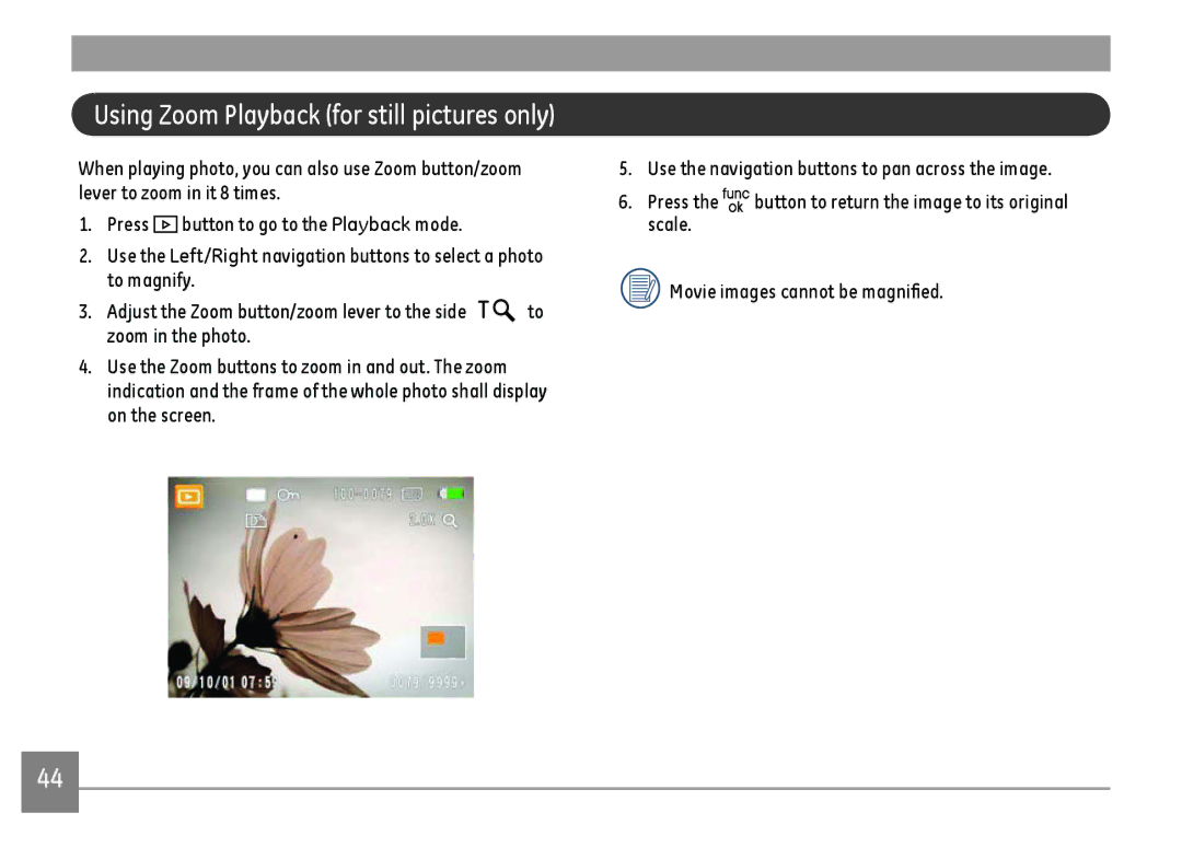 GE A Series : A1255, A1455-SL user manual Using Zoom Playback for still pictures only 