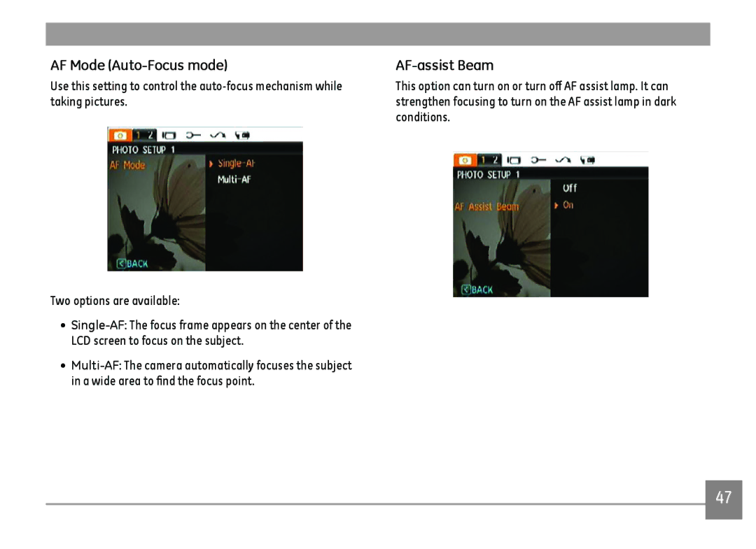 GE A1455-SL, A Series : A1255 user manual AF Mode Auto-Focus mode, AF-assist Beam 