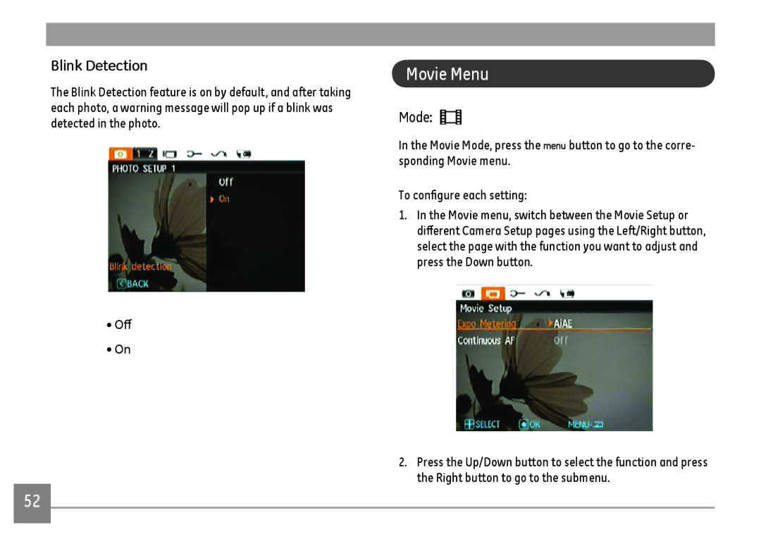 GE A Series : A1255, A1455-SL user manual Movie Menu, Blink Detection, Off 